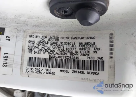 2009 Toyota Corolla Le z USA, uszkodzony, nr VIN 1NXBU40E99Z082845